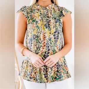 Jodifl Size S Just You Wait Floral Ruffle Sleeve & Hem‎ Blouse, New Without Tag